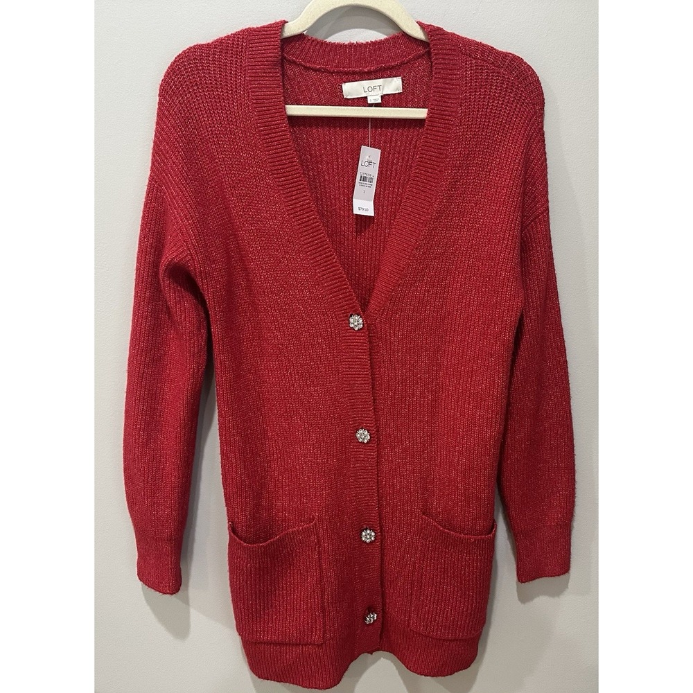 LOFT Red Cardigan w/ Faux Crystal Buttons Women's Small Holiday NWT